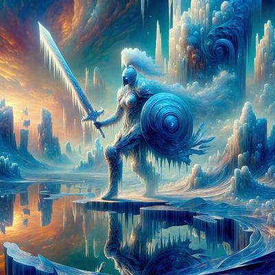 Primary subject: A woman with a sword, standing on a frozen surface.

Setting/background: A frozen landscape with ice and snow, featuring a castle-like structure in the background.

Visual style: Digital art.

Colors and mood: The image is predominantly blue, with a cold and icy atmosphere.